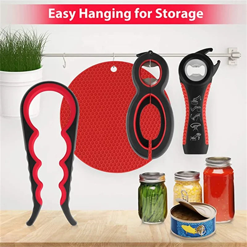 Bottle Opener Set - Multifunctional  6-in-1 Bottle Opener Jar Lids Opener, 4-in-1 Jar Opener and Non Slip Lids Opener Gripper