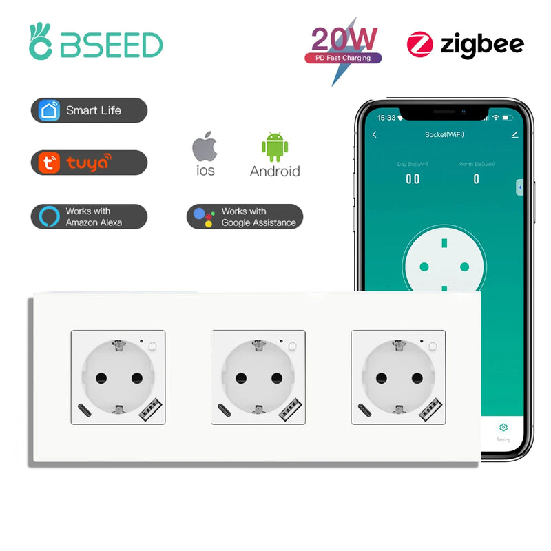 BSEED Single ZigBee Wall Sockets Energy Monitor Double Smart Meter Sockets Google Smart Life App Alexa Triple Sockets EU Plastic