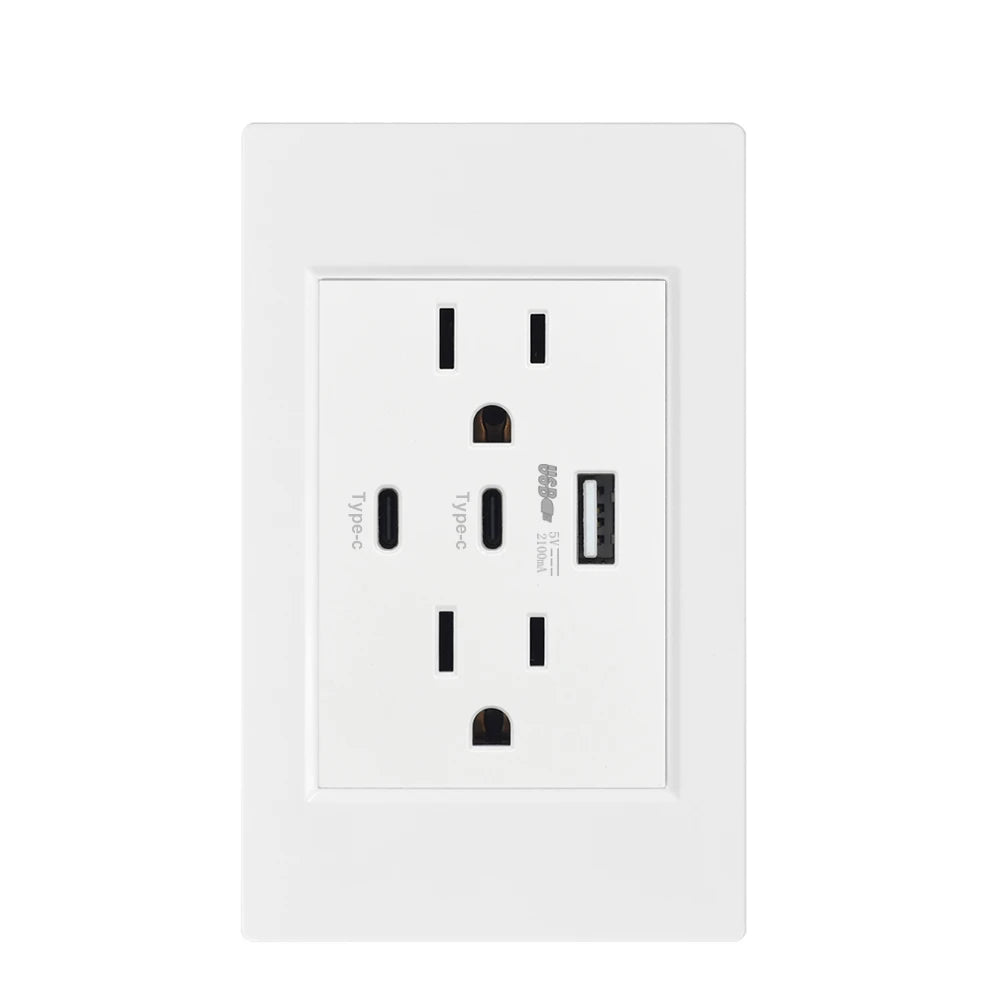 US Standard Wall Socket with USB Type-C Charging Port 5V 2.1A, 118*72mm PC Panel