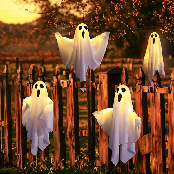 Halloween LED Lights | 20-Inch Fabric Ghosts with Illuminated Eyes | Battery-Powered Outdoor Decorations for Yard, Garden