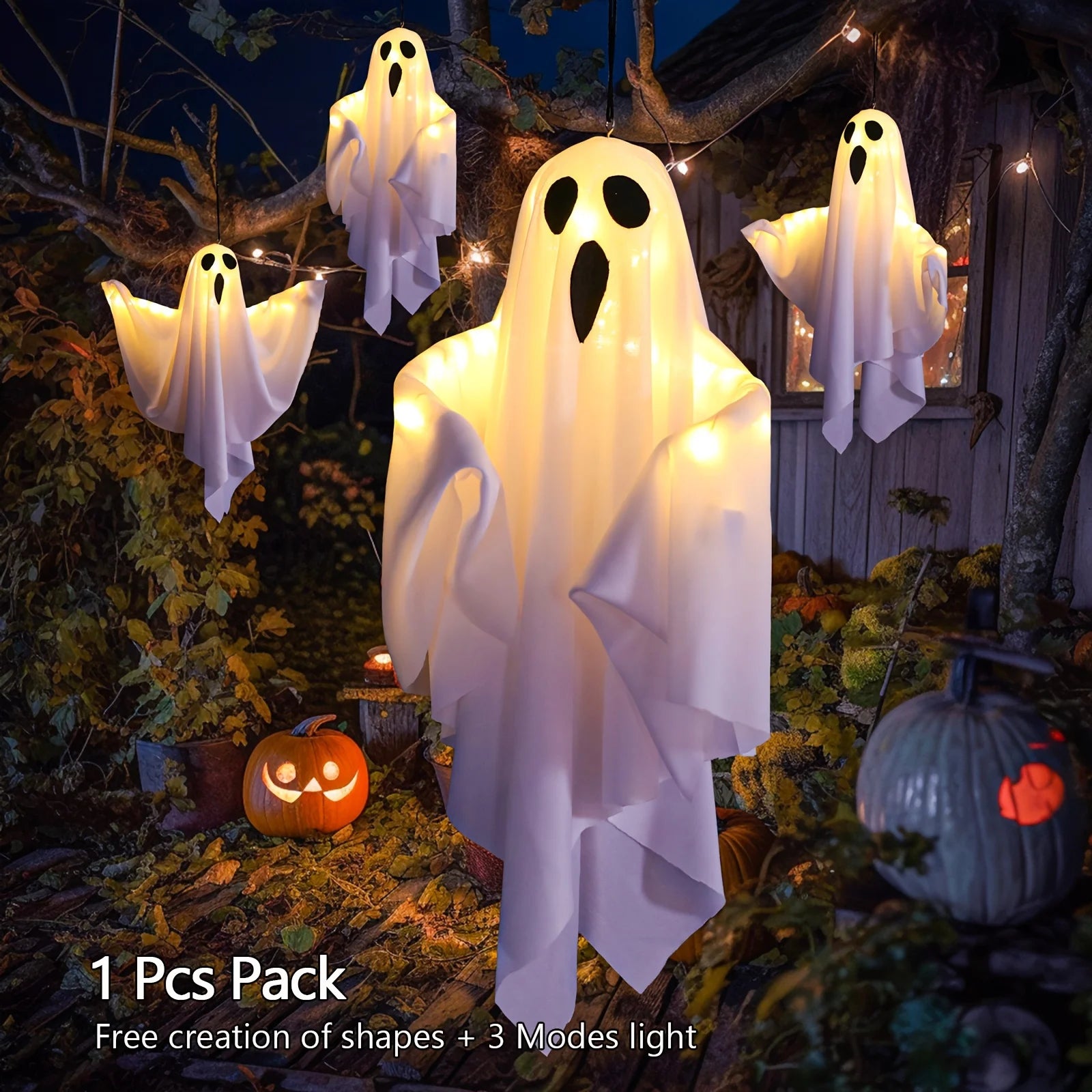 Halloween LED Lights | 20-Inch Fabric Ghosts with Illuminated Eyes | Battery-Powered Outdoor Decorations for Yard, Garden