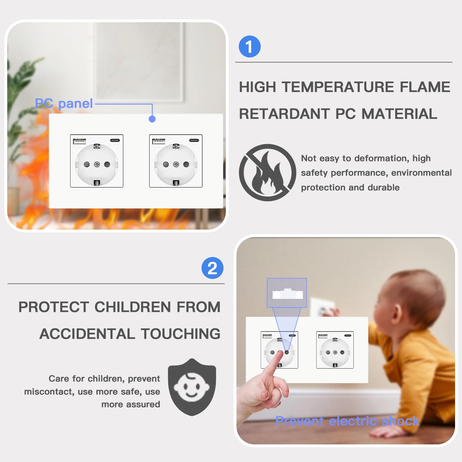 BSEED EU Sockets Plastic Frame Type-C Phone Charge Wall Sockets Double Power Plug Port 5V 2.1A Wall Mounted Sockets