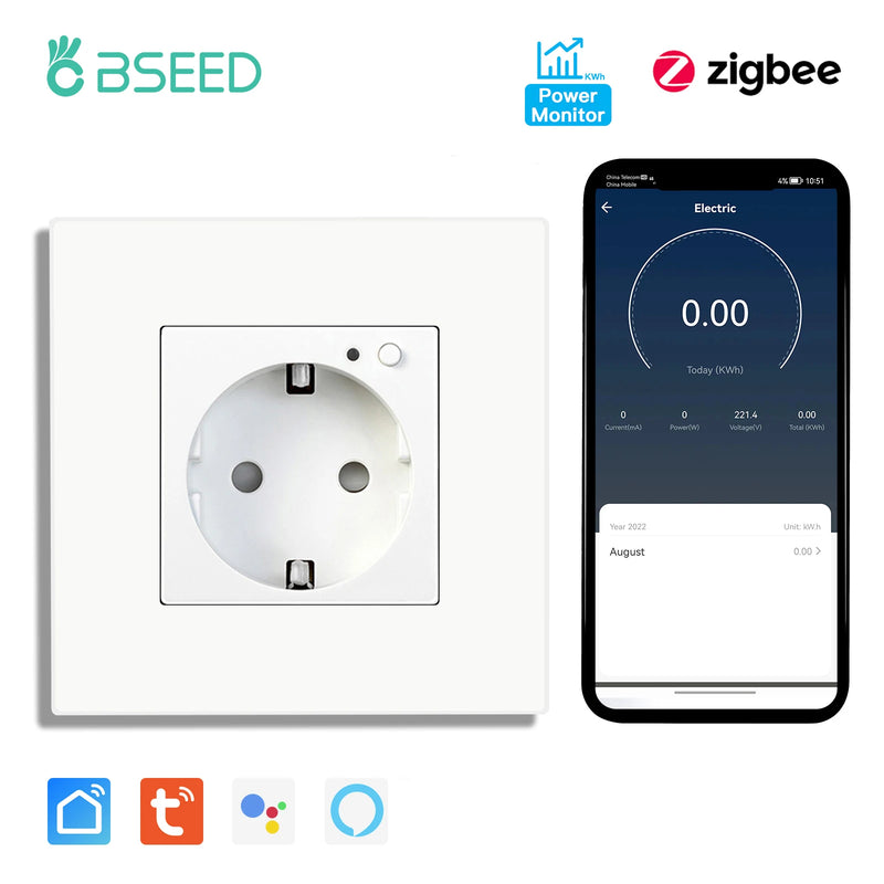 BSEED Single ZigBee Wall Sockets Energy Monitor Double Smart Meter Sockets Google Smart Life App Alexa Triple Sockets EU Plastic