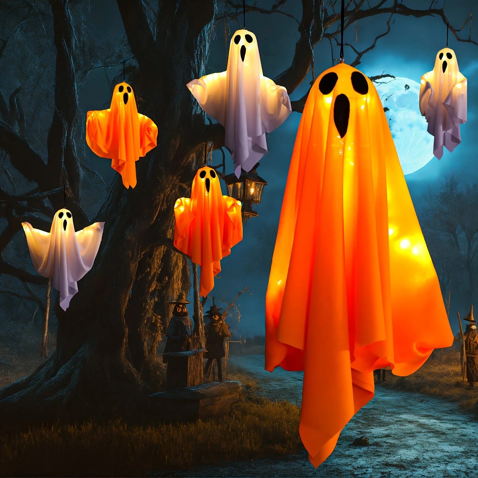 Halloween LED Lights | 20-Inch Fabric Ghosts with Illuminated Eyes | Battery-Powered Outdoor Decorations for Yard, Garden