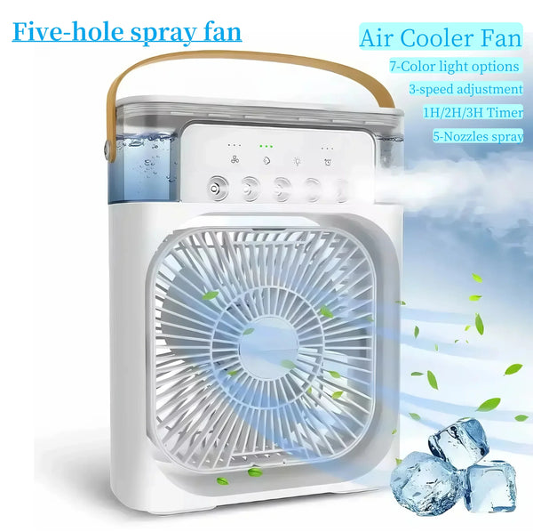 Fan/cooling fan portable household three in one small air cooler, LED night light, 5-hole humidifier, 1-3 hour timer