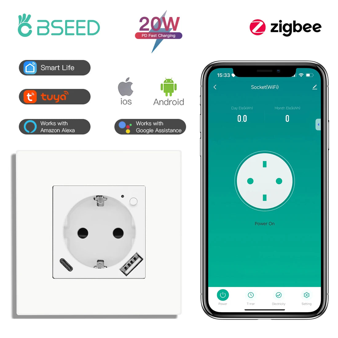 BSEED Single ZigBee Wall Sockets Energy Monitor Double Smart Meter Sockets Google Smart Life App Alexa Triple Sockets EU Plastic