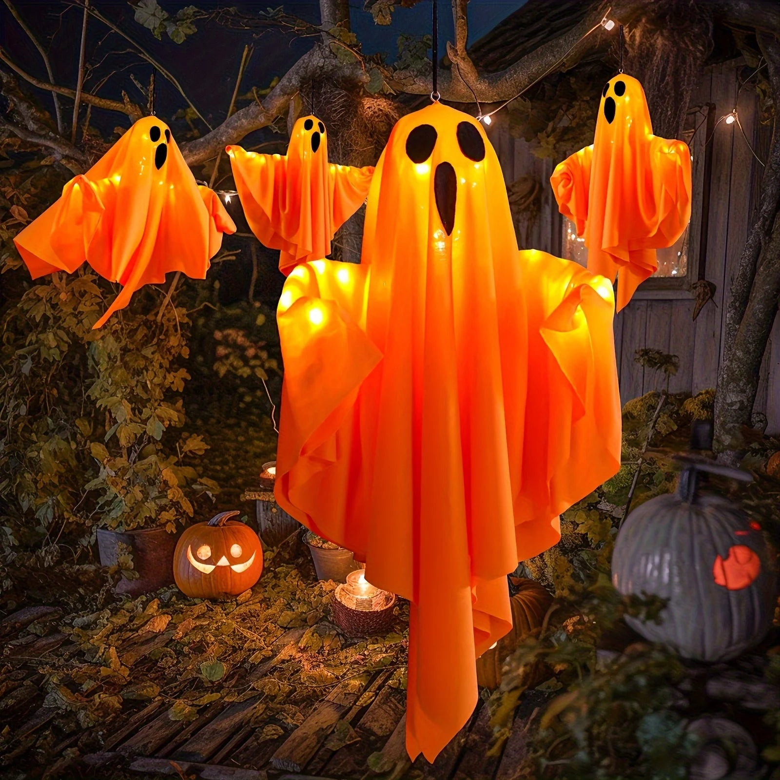 Halloween LED Lights | 20-Inch Fabric Ghosts with Illuminated Eyes | Battery-Powered Outdoor Decorations for Yard, Garden