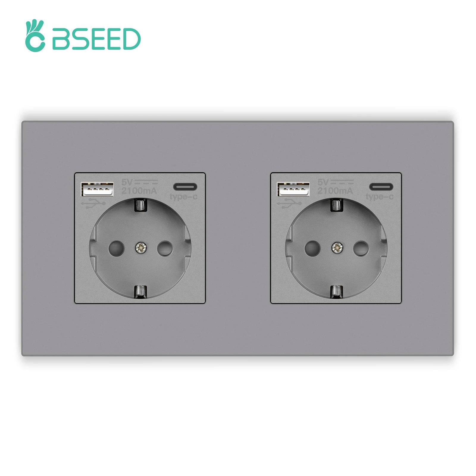 BSEED EU Sockets Plastic Frame Type-C Phone Charge Wall Sockets Double Power Plug Port 5V 2.1A Wall Mounted Sockets