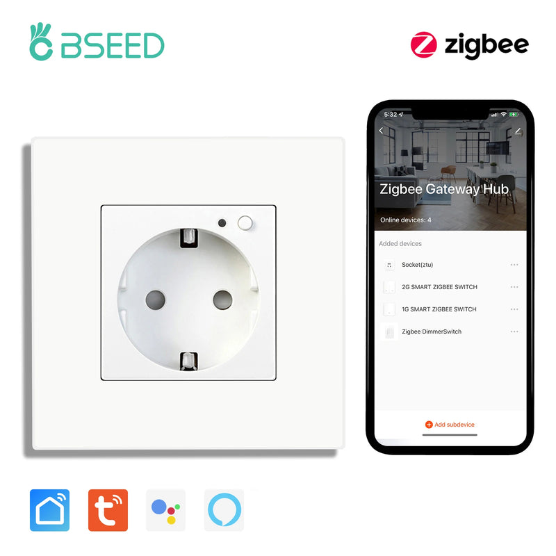 BSEED Single ZigBee Wall Sockets Energy Monitor Double Smart Meter Sockets Google Smart Life App Alexa Triple Sockets EU Plastic