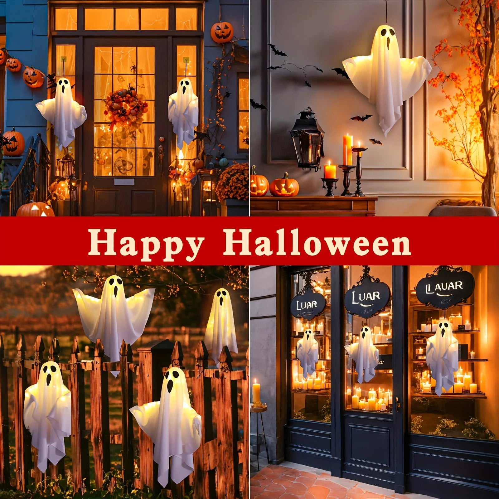 Halloween LED Lights | 20-Inch Fabric Ghosts with Illuminated Eyes | Battery-Powered Outdoor Decorations for Yard, Garden