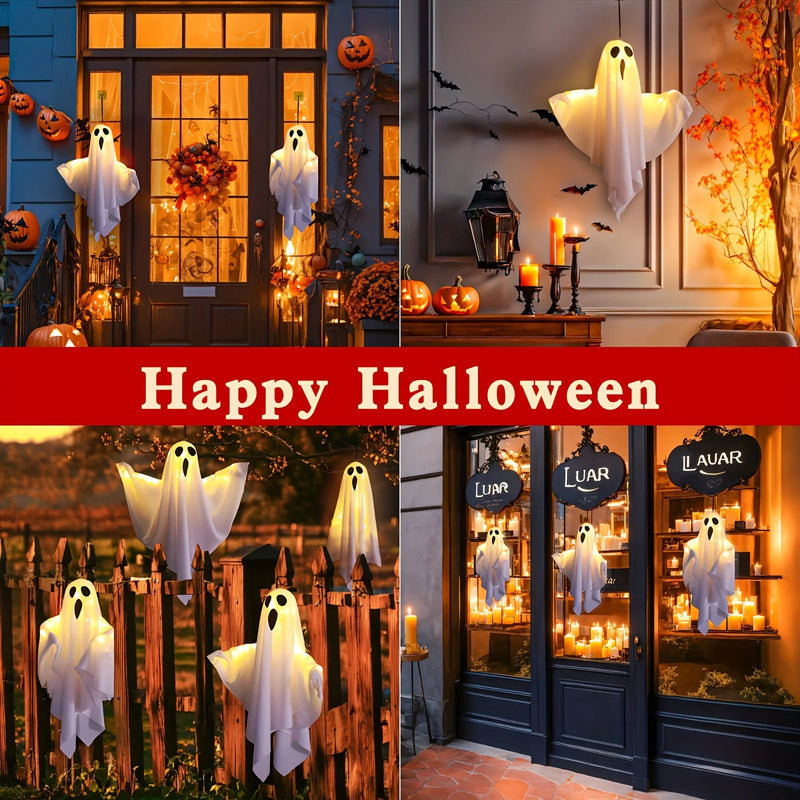 Halloween LED Lights | 20-Inch Fabric Ghosts with Illuminated Eyes | Battery-Powered Outdoor Decorations for Yard, Garden