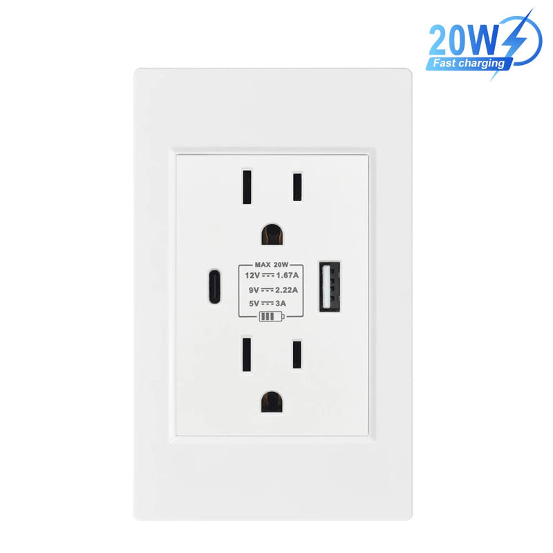 US Standard Wall Socket with USB Type-C Charging Port 5V 2.1A, 118*72mm PC Panel