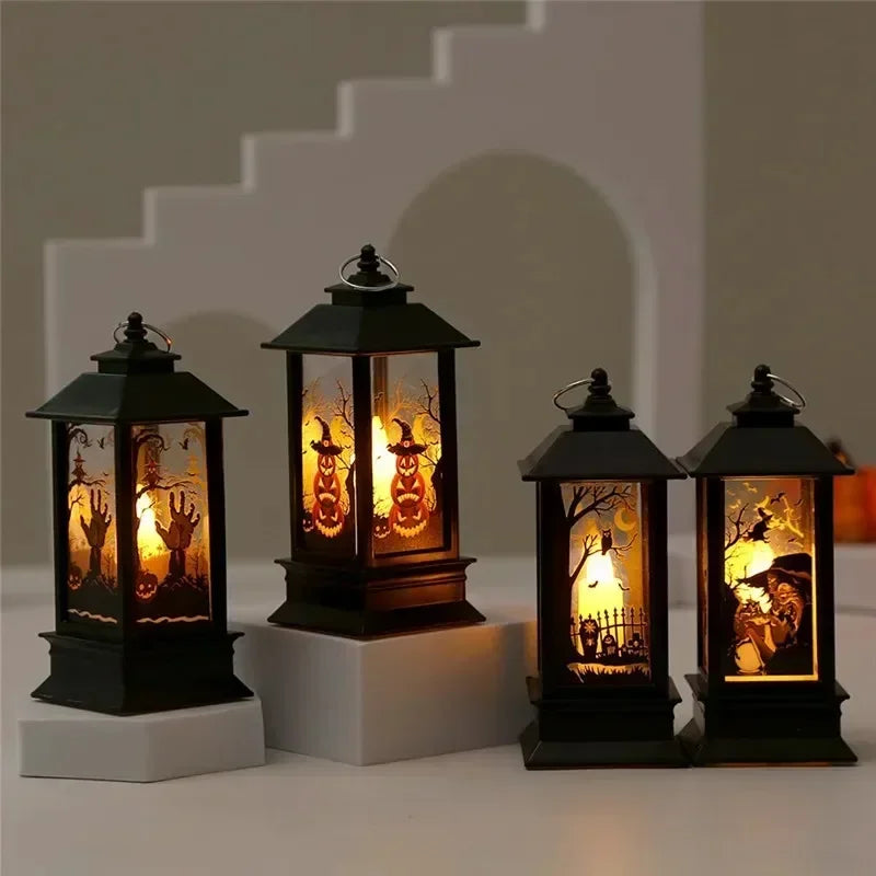 Halloween LED Decorations Vintage Witch Castle and Pumpkin Ghost Hanging Lantern Lamp for Spooky Party Supplies