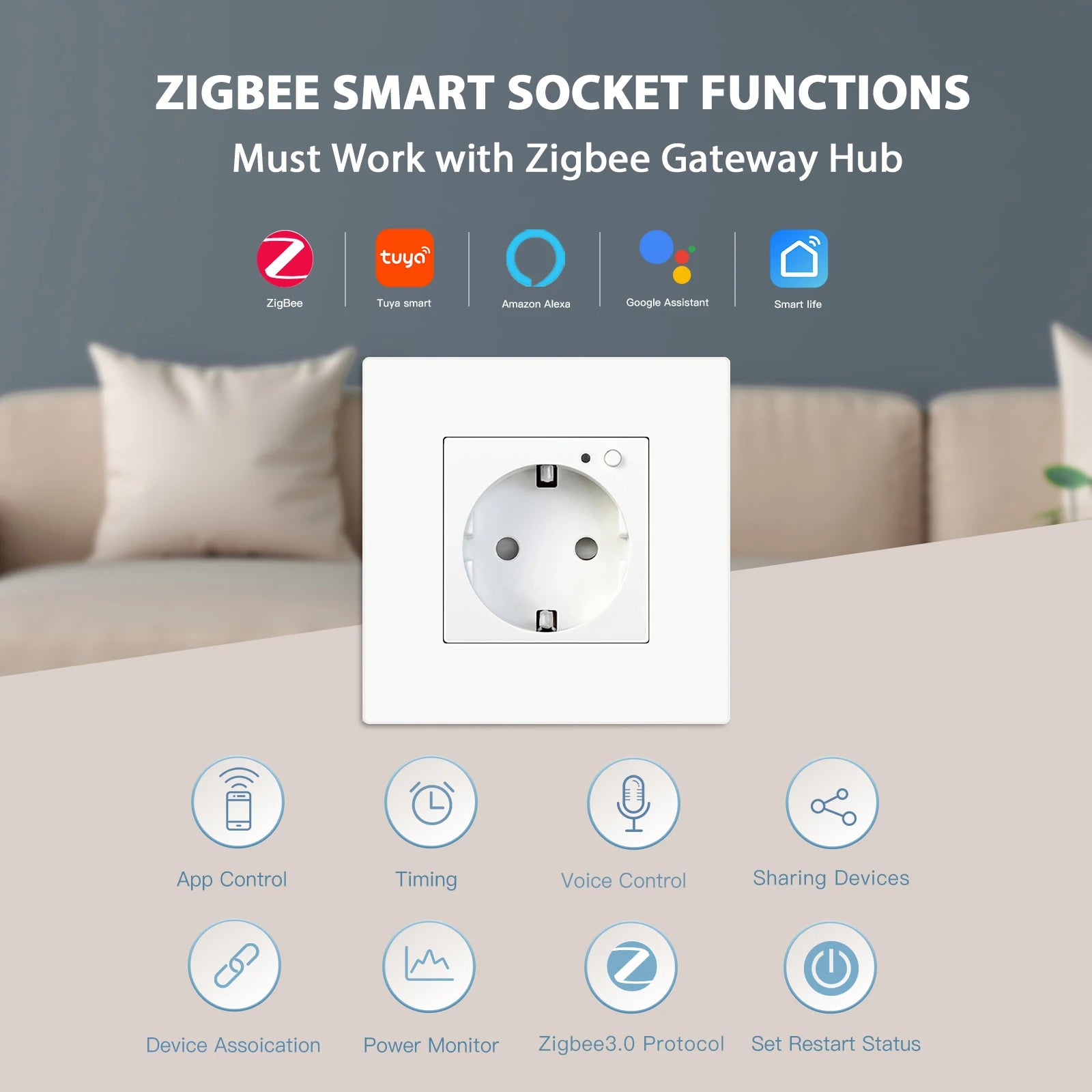 BSEED Single ZigBee Wall Sockets Energy Monitor Double Smart Meter Sockets Google Smart Life App Alexa Triple Sockets EU Plastic
