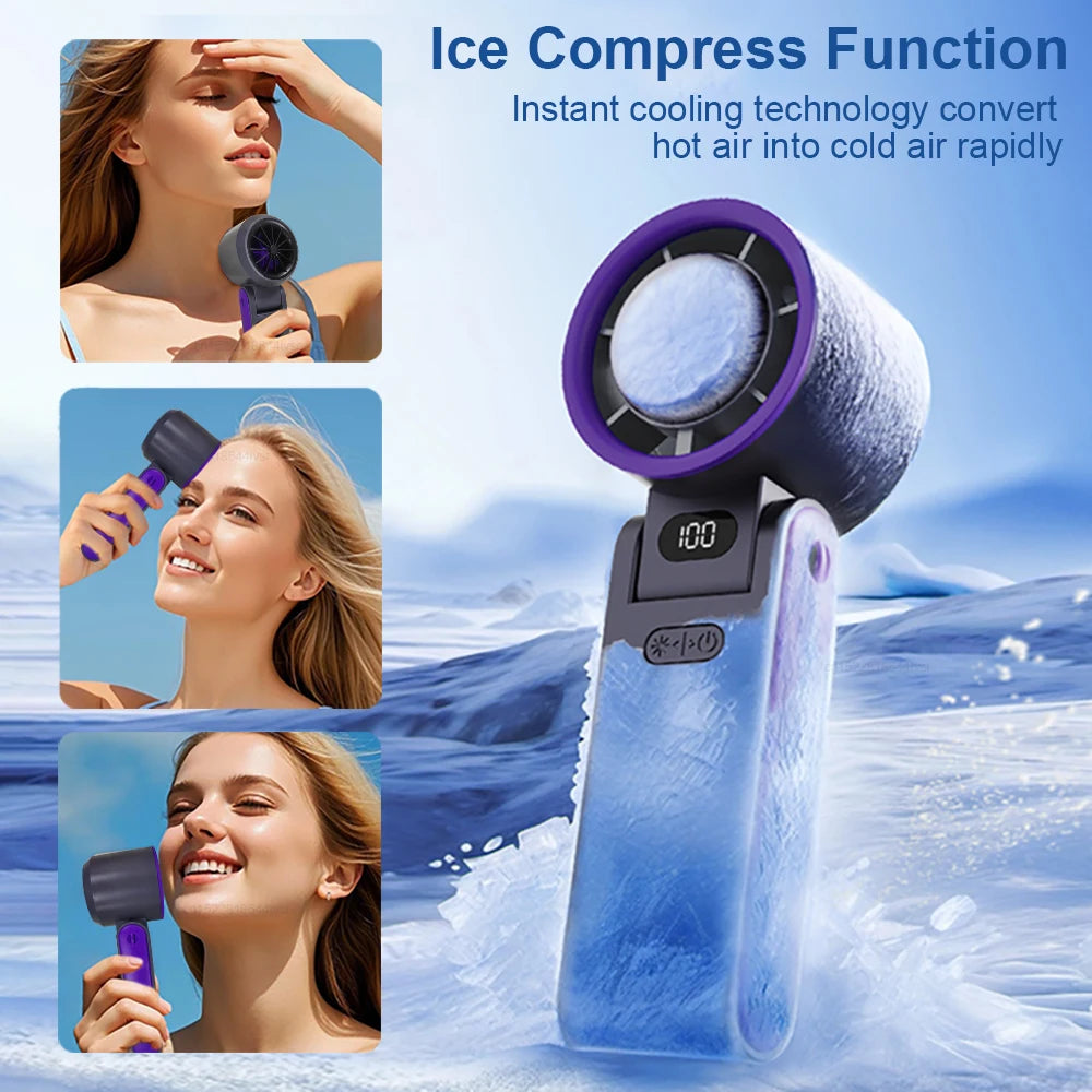 Portable Handheld Ice Cooling Fan Mini Folding Hanging Neck Fan 3600mAh Rechargeable Outdoor Small Fans Portable Hand Turbo Fan