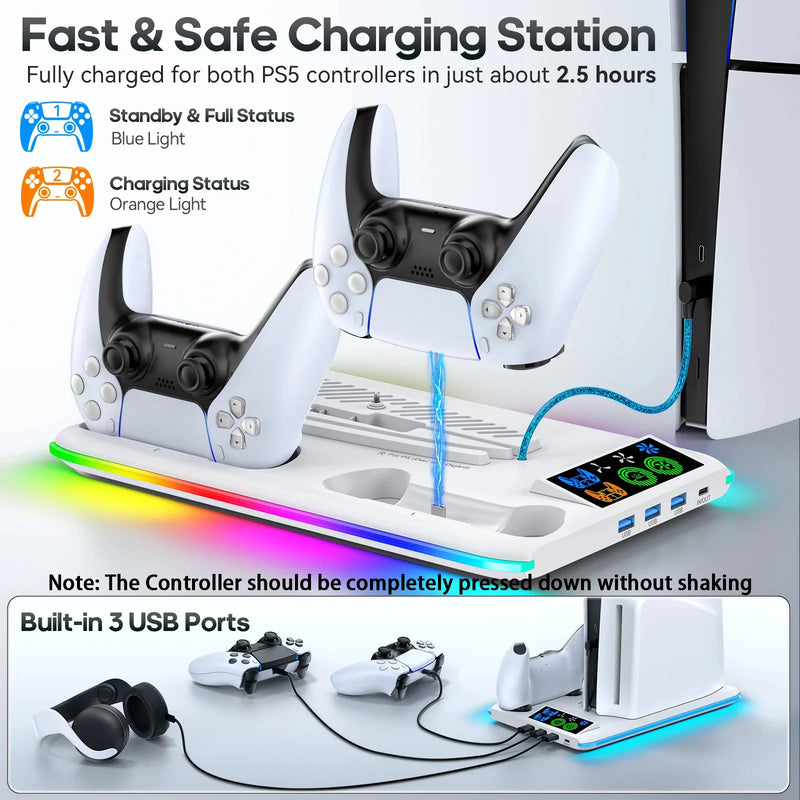 for PS5/PS5 Slim/PS5 Pro Stand with Headphone Hook Cooling Stand & Controller Charging Station for PS5 With 3 Levels Cooling Fan