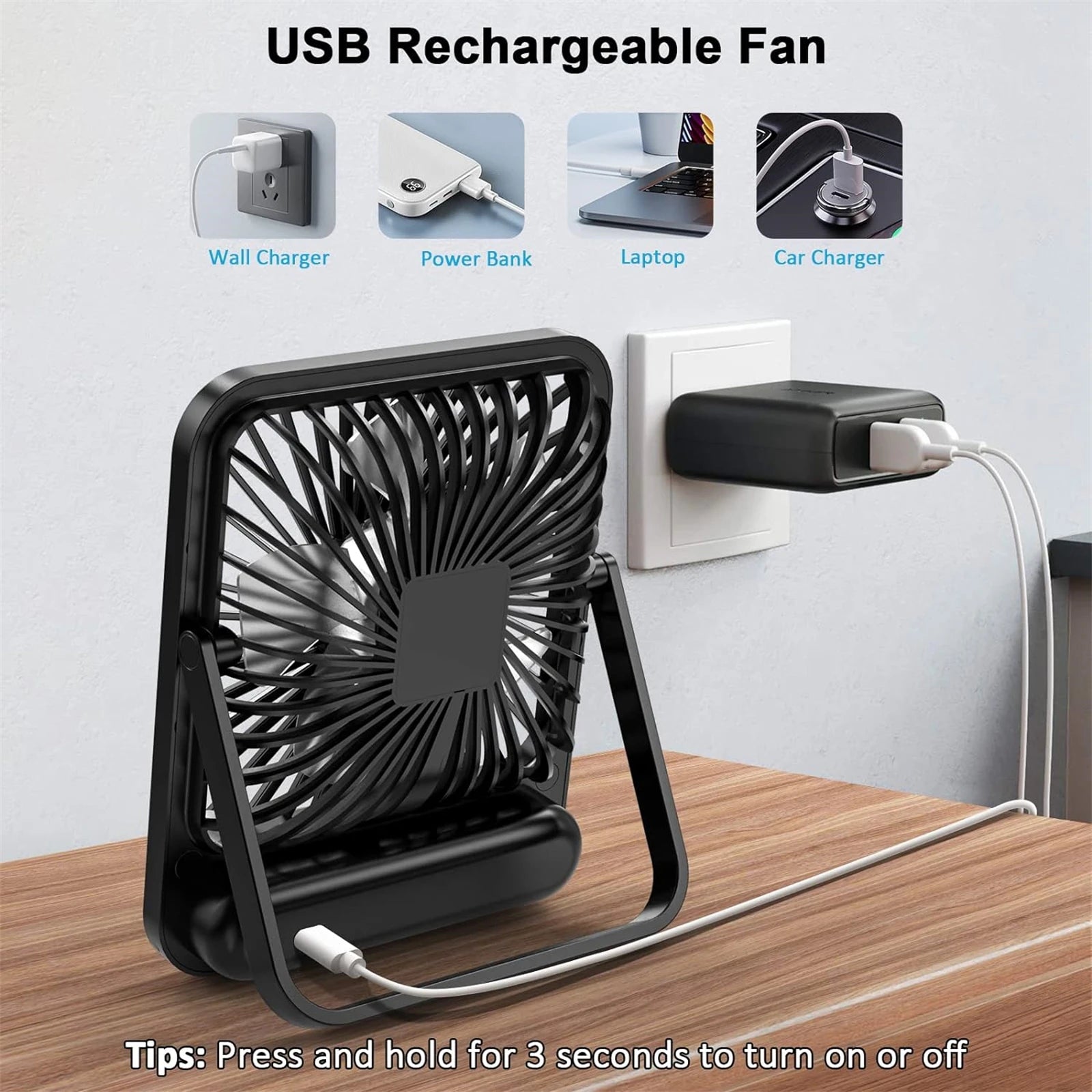 Desk Fan, Portable USB Rechargeable Fan, 180° Tilt Folding Personal Fan With Power Display, 5 Speeds Ultra Quiet Table Fan