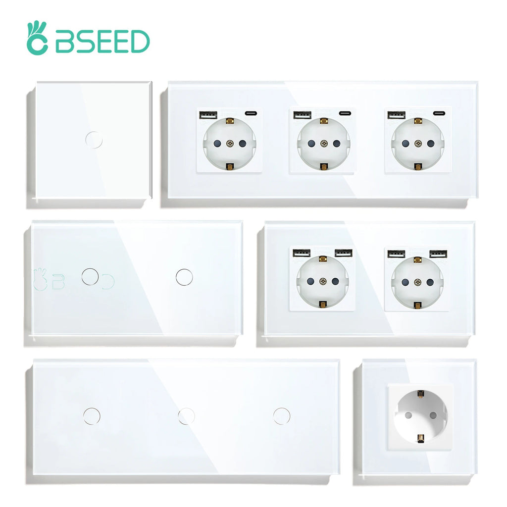BSEED Touch Light Switches LED Backlight EU Wall Sockets Switches Glass Panel Max.Load 300W 1/2/3Gang LED Light Switches