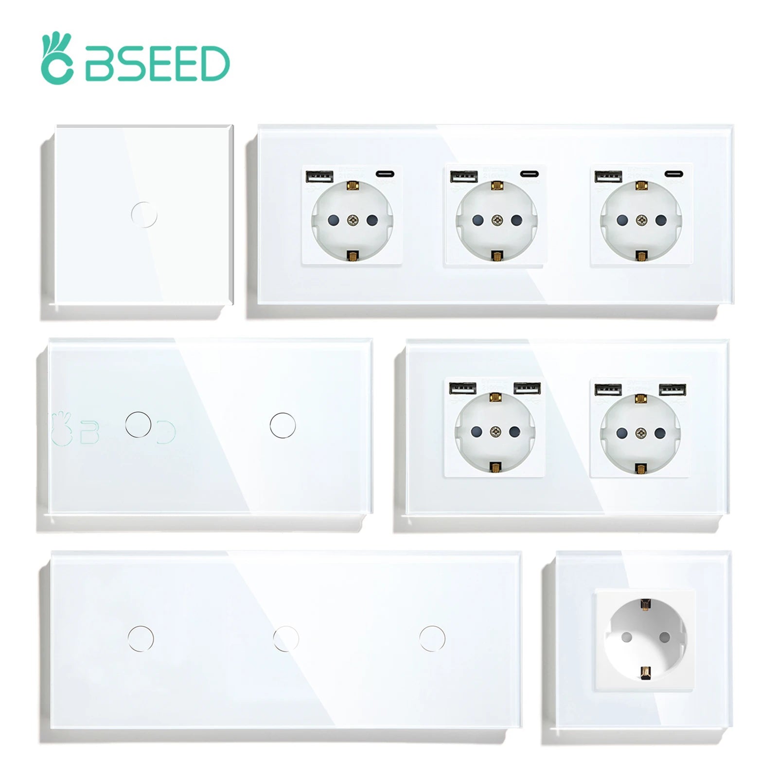 BSEED Touch Light Switches LED Backlight EU Wall Sockets Switches Glass Panel Max.Load 300W 1/2/3Gang LED Light Switches