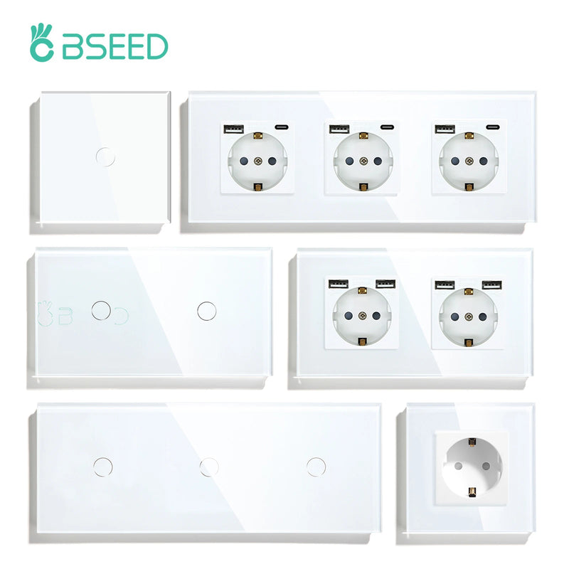 BSEED Touch Light Switches LED Backlight EU Wall Sockets Switches Glass Panel Max.Load 300W 1/2/3Gang LED Light Switches