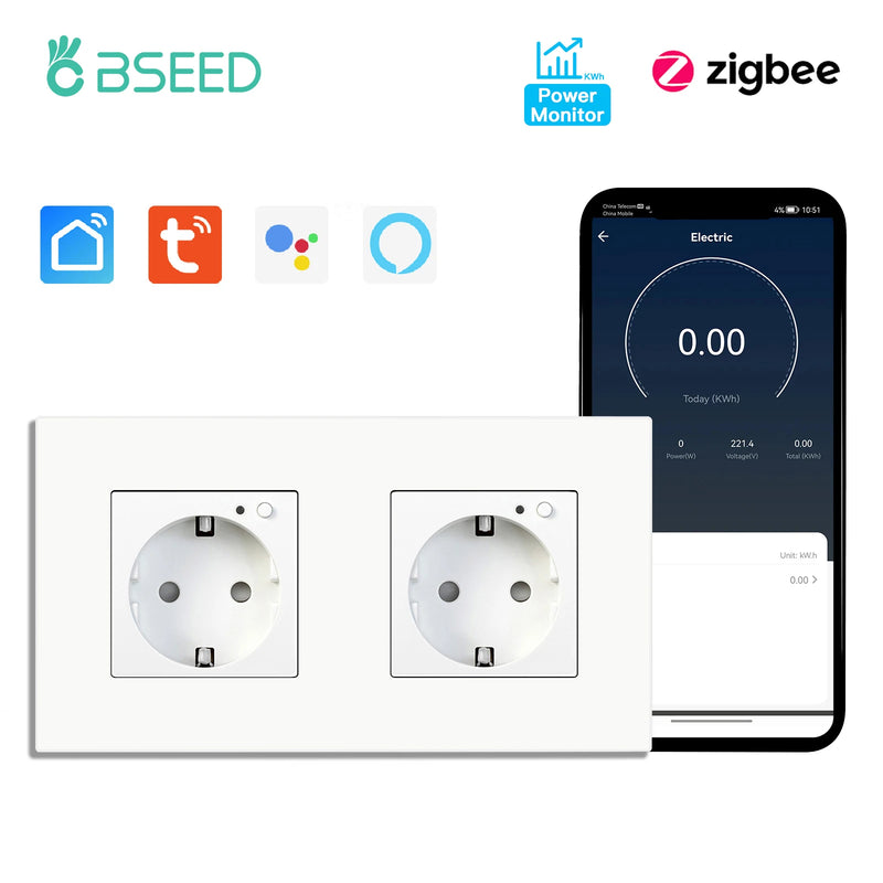 BSEED Single ZigBee Wall Sockets Energy Monitor Double Smart Meter Sockets Google Smart Life App Alexa Triple Sockets EU Plastic