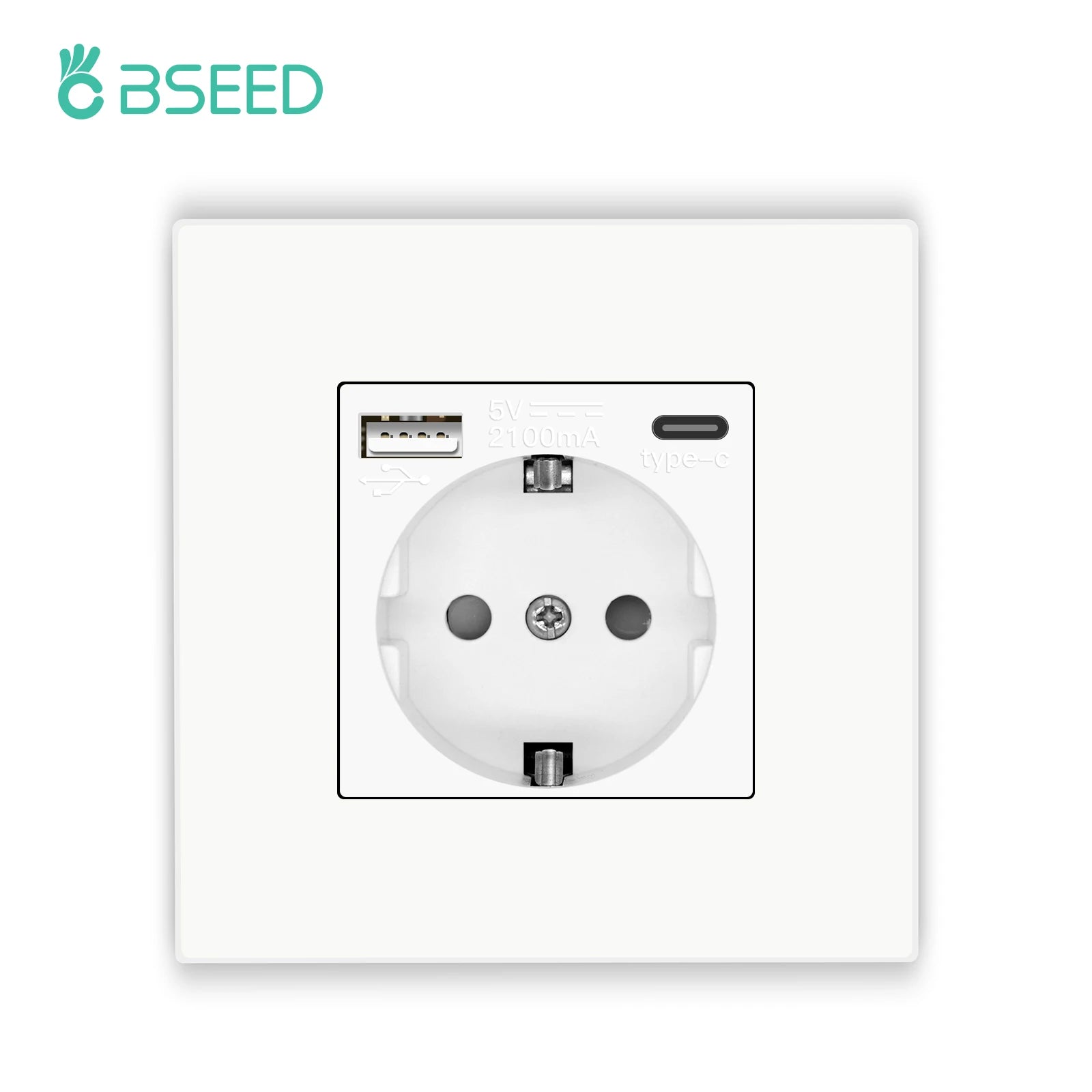 BSEED EU Sockets Plastic Frame Type-C Phone Charge Wall Sockets Double Power Plug Port 5V 2.1A Wall Mounted Sockets