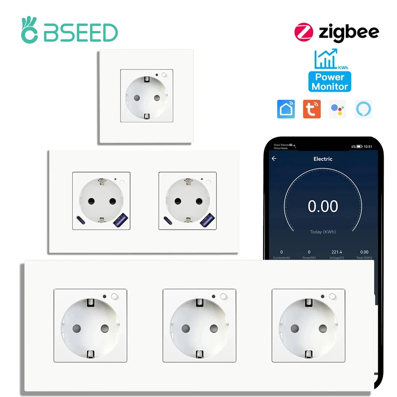 BSEED Single ZigBee Wall Sockets Energy Monitor Double Smart Meter Sockets Google Smart Life App Alexa Triple Sockets EU Plastic