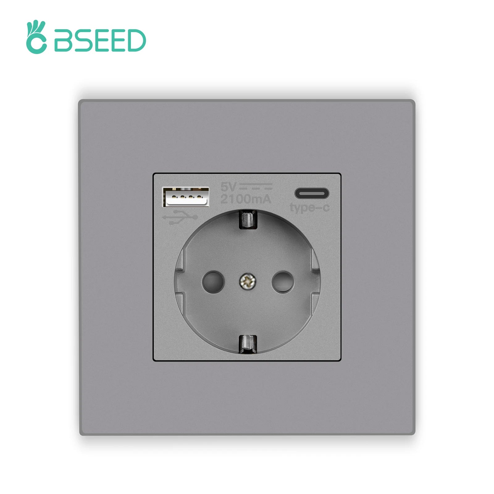 BSEED EU Sockets Plastic Frame Type-C Phone Charge Wall Sockets Double Power Plug Port 5V 2.1A Wall Mounted Sockets