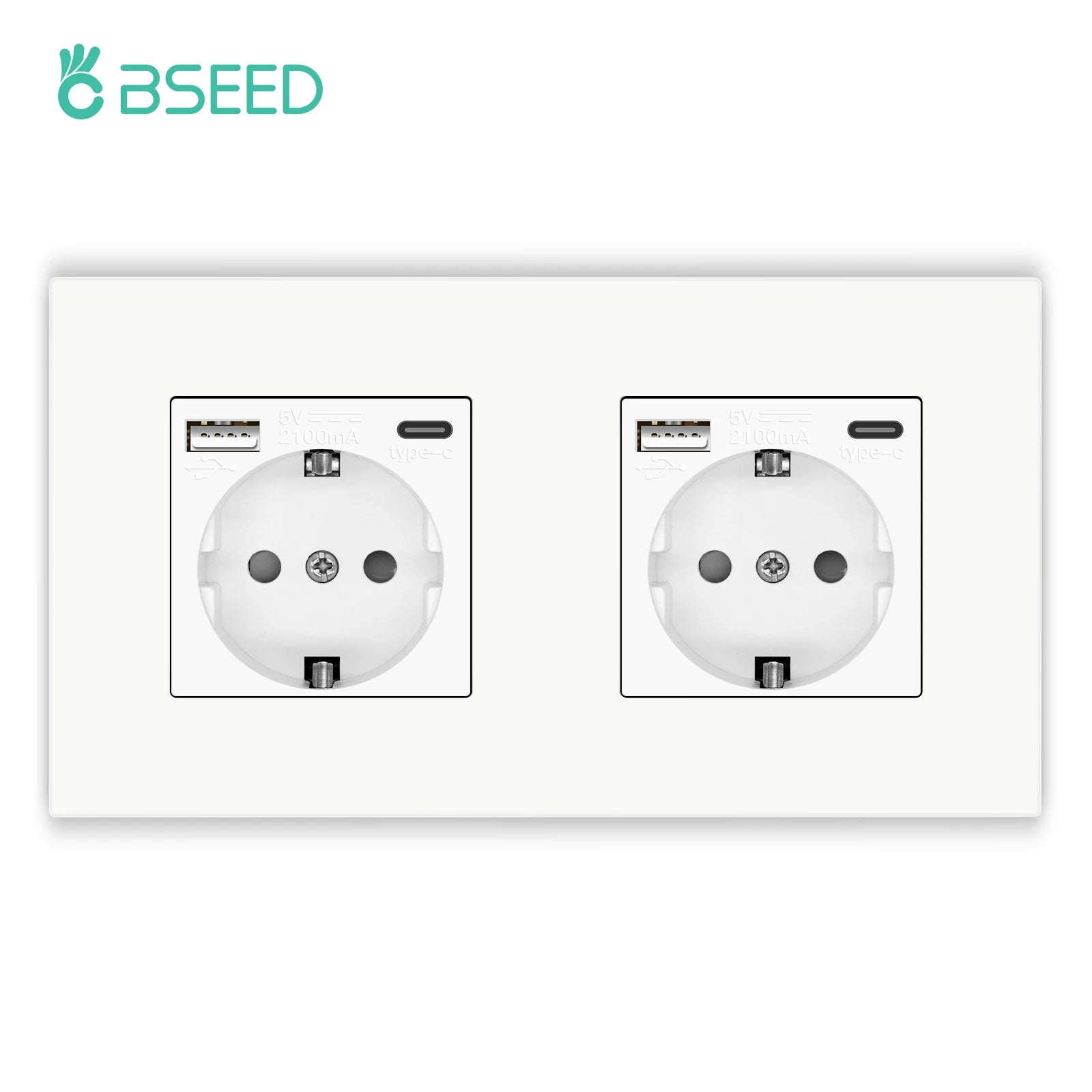 BSEED EU Sockets Plastic Frame Type-C Phone Charge Wall Sockets Double Power Plug Port 5V 2.1A Wall Mounted Sockets