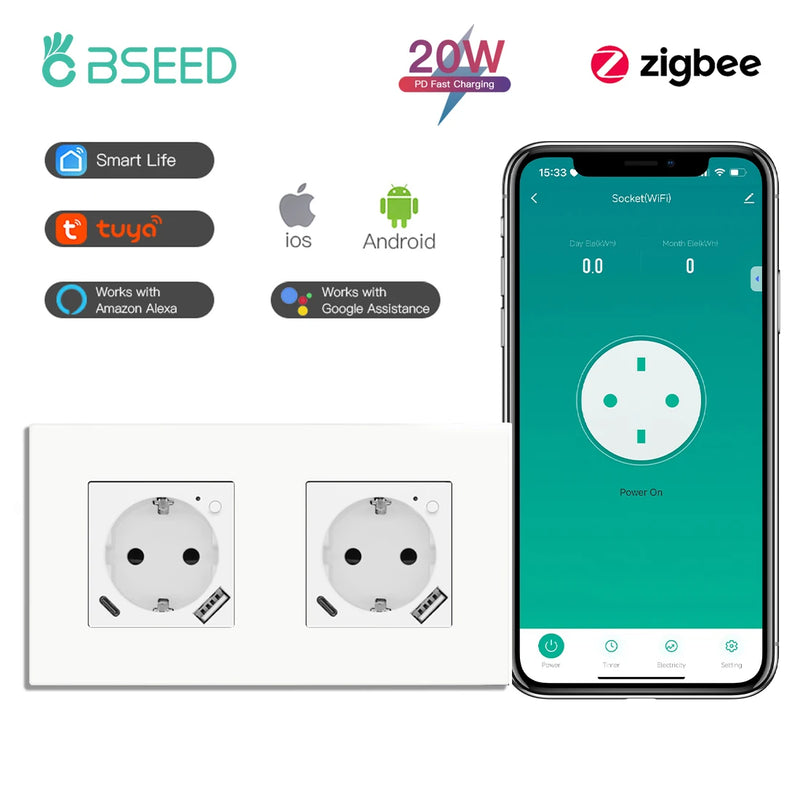 BSEED Single ZigBee Wall Sockets Energy Monitor Double Smart Meter Sockets Google Smart Life App Alexa Triple Sockets EU Plastic