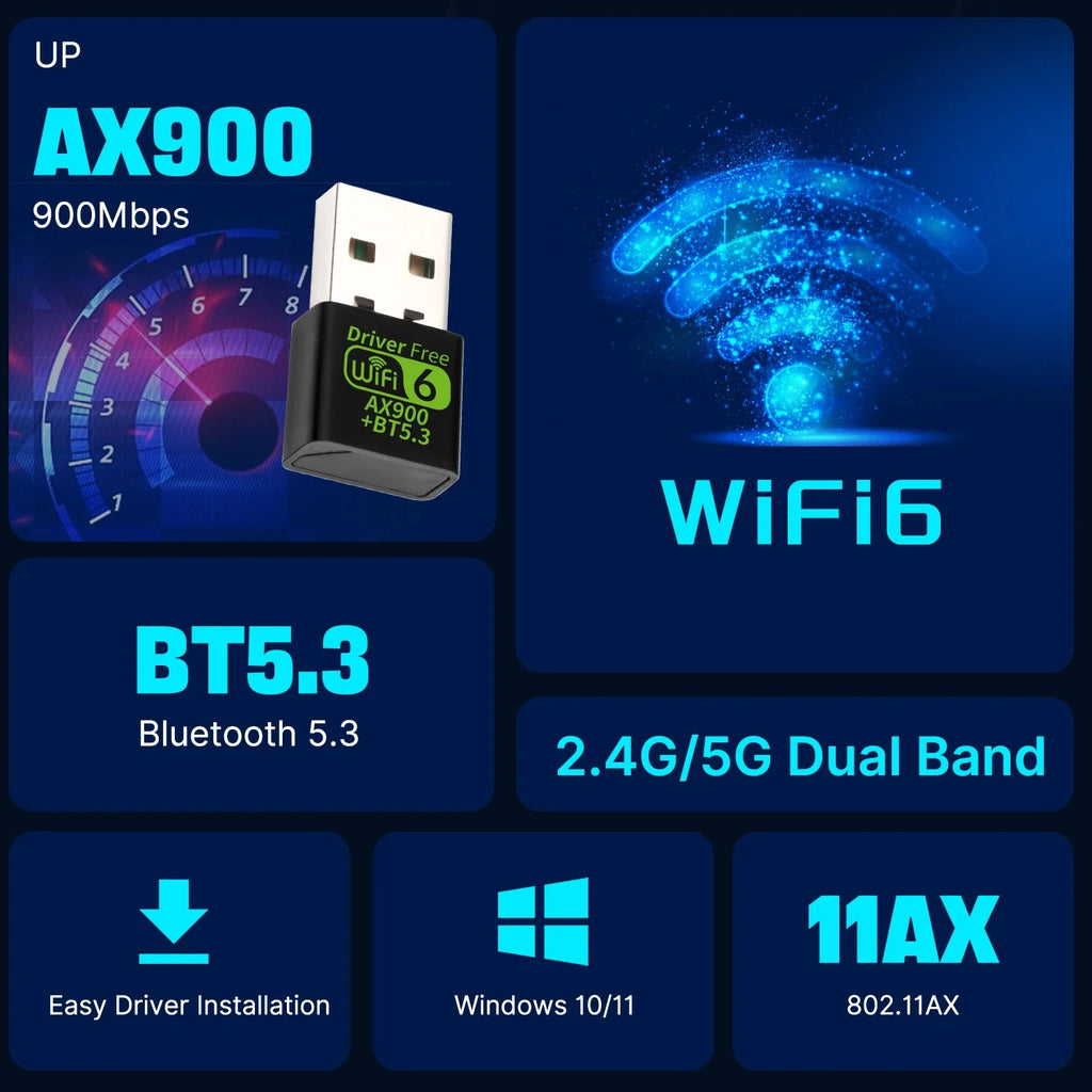 WiFi 6 AX900 Bluetooth 5.3 WiFi USB Adapter Wireless Network Card 2.4G&5GHz Wi-Fi Antenna USB For PC/Laptop Win10/11 Driver Free