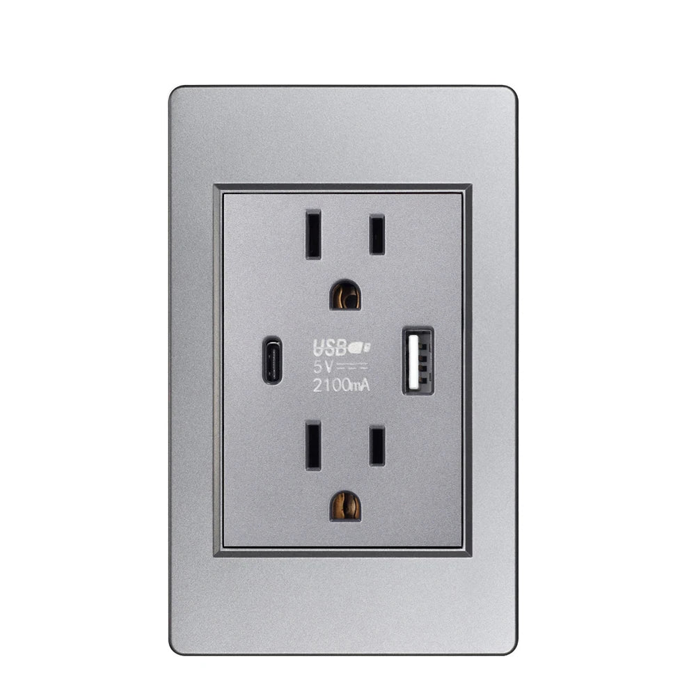 US Standard Wall Socket with USB Type-C Charging Port 5V 2.1A, 118*72mm PC Panel