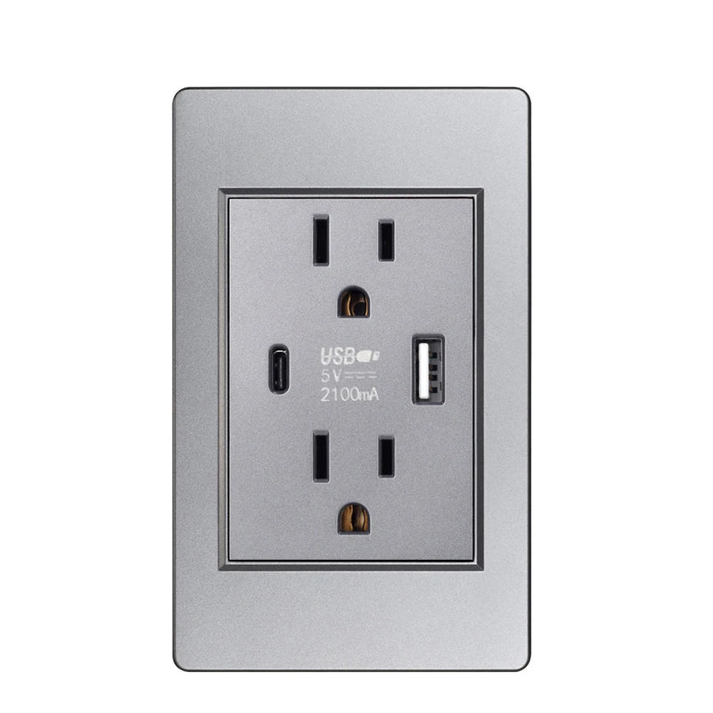 US Standard Wall Socket with USB Type-C Charging Port 5V 2.1A, 118*72mm PC Panel