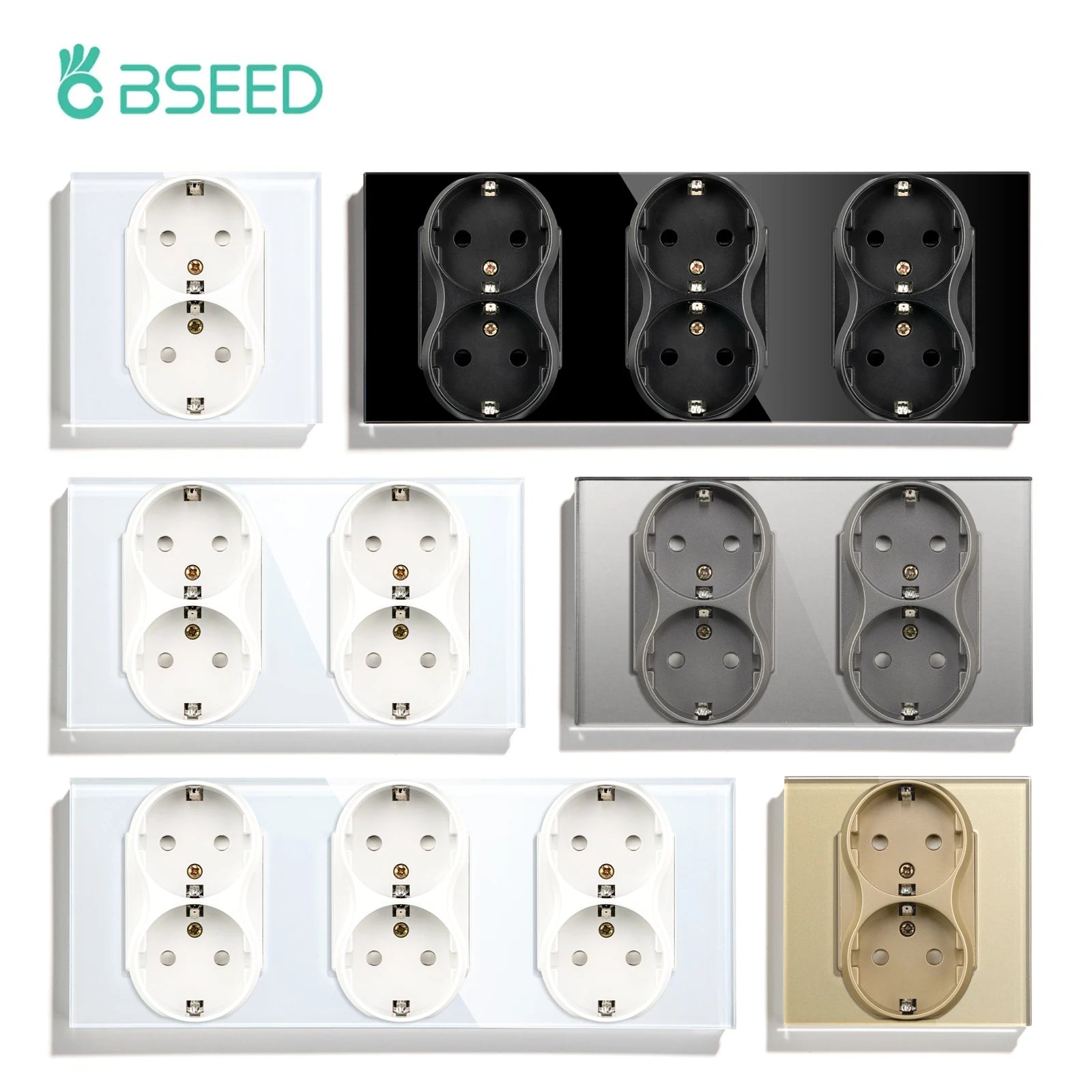 BSEED EU Double Socket Dual Germany Wall Sockets Home Appliance Power Outlets Crystal Glass Frames Child Safety Protection 16A