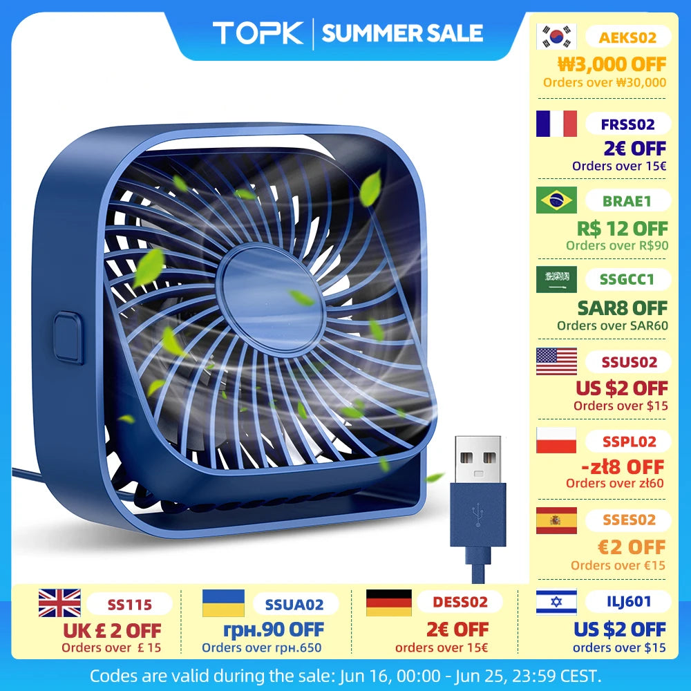 TOPK Mini Portable Fan,USB Desk Fan Table,Quiet 3 Speed Wind Personal Fan 360°Rotatable Head Standing Fans for Room Camping Hom