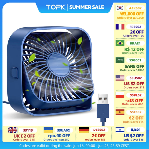 TOPK Mini Portable Fan,USB Desk Fan Table,Quiet 3 Speed Wind Personal Fan 360°Rotatable Head Standing Fans for Room Camping Hom