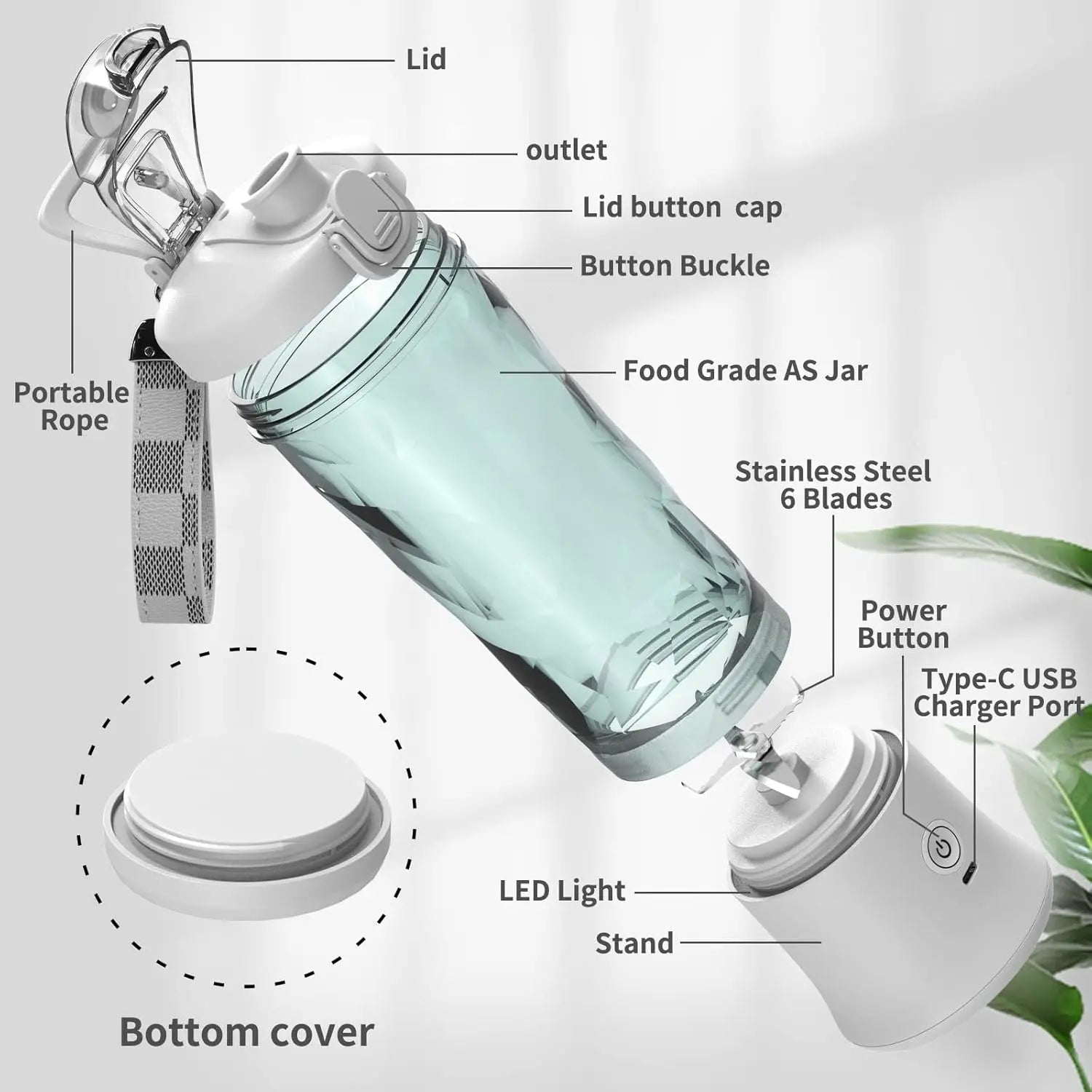 Powerful 20 oz Personal Portable Blender BPA Free USB C Rechargeable Blender with Travel Lid for Shakes Smoothies Home Travel