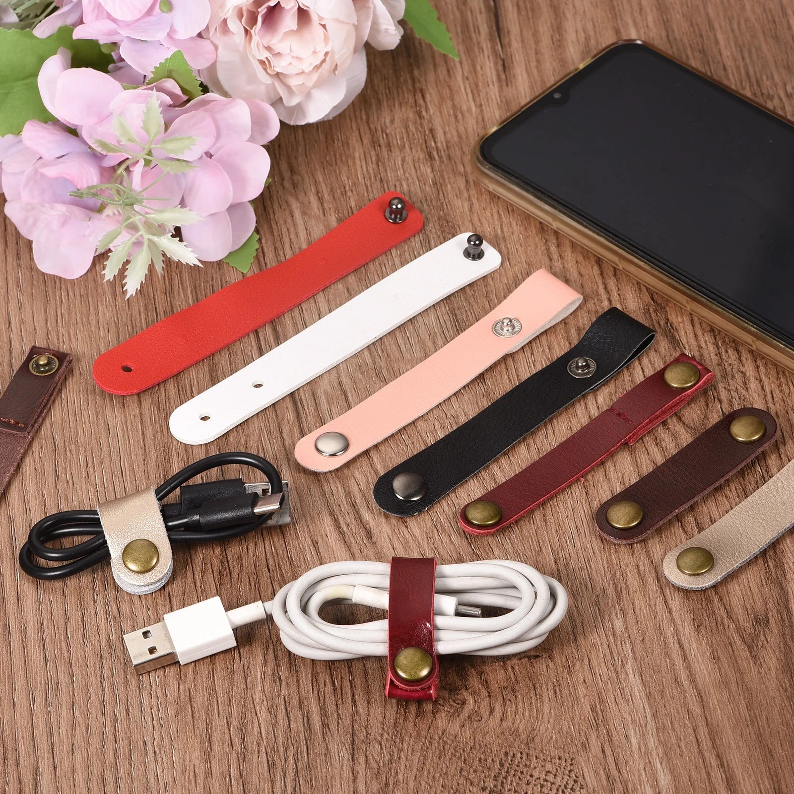 20Pcs 5 Colors Leather Cable Straps Cable Tie Wraps Cord Management Holder Keeper Cord Organizer for USB Cables Headphone Wires