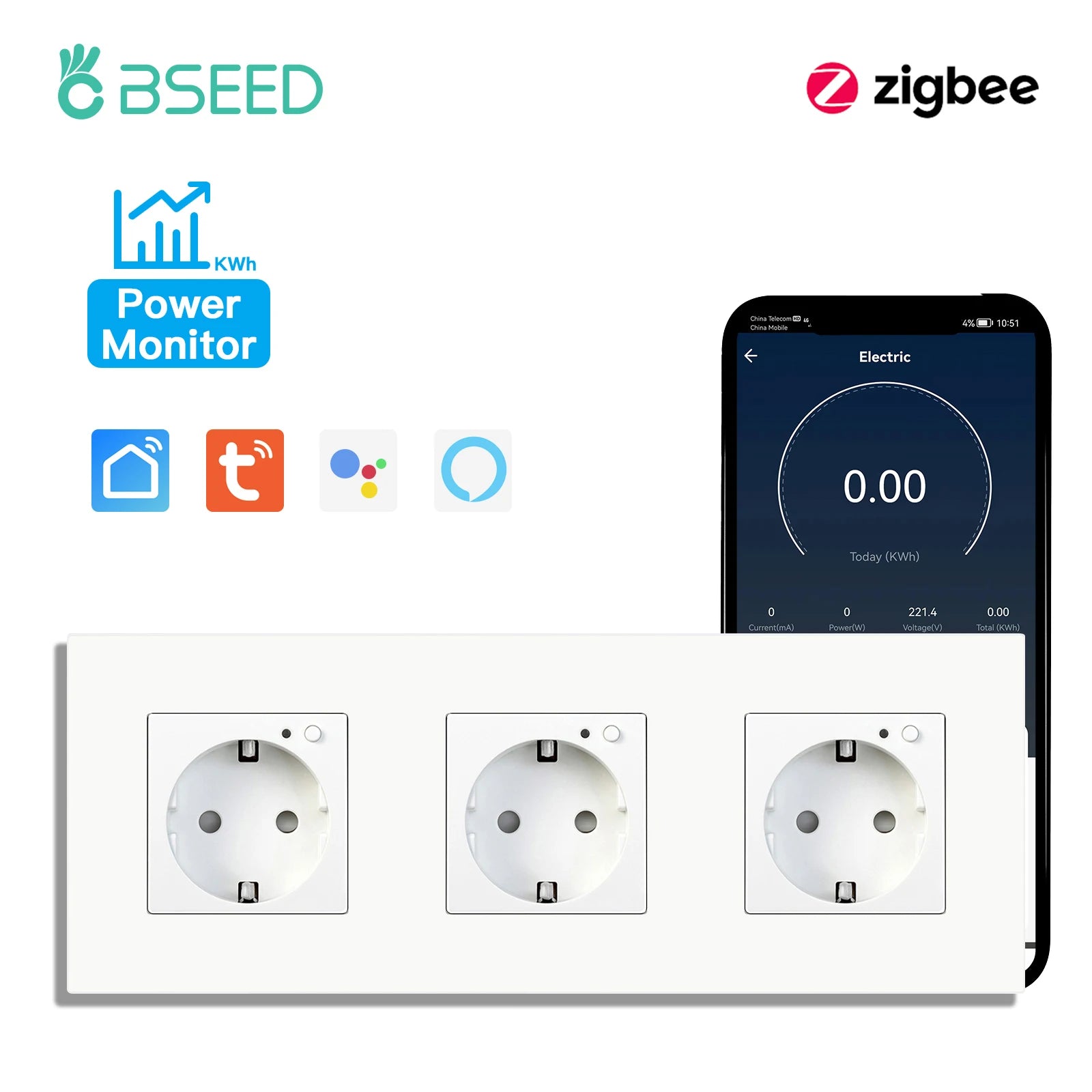 BSEED Single ZigBee Wall Sockets Energy Monitor Double Smart Meter Sockets Google Smart Life App Alexa Triple Sockets EU Plastic