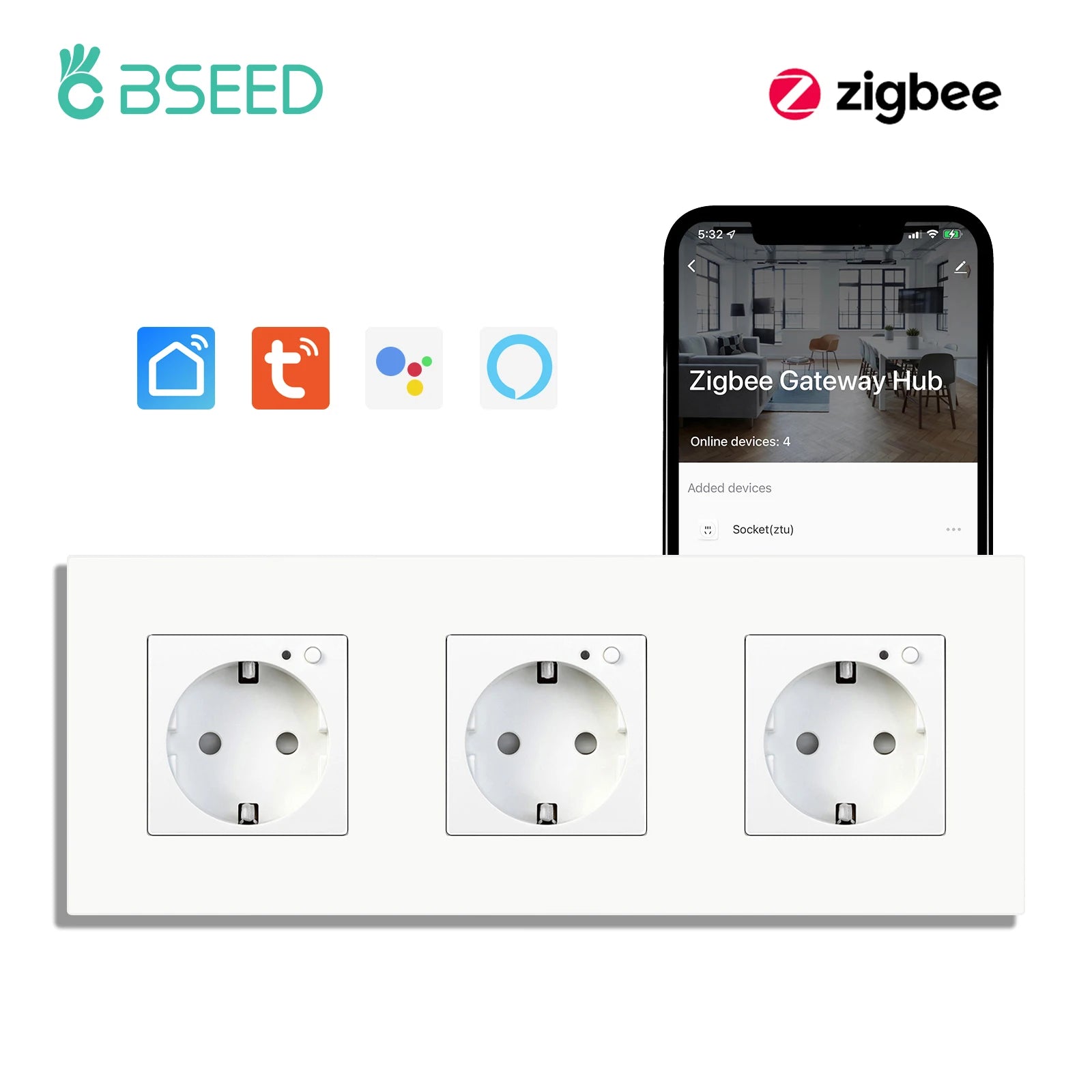 BSEED Single ZigBee Wall Sockets Energy Monitor Double Smart Meter Sockets Google Smart Life App Alexa Triple Sockets EU Plastic
