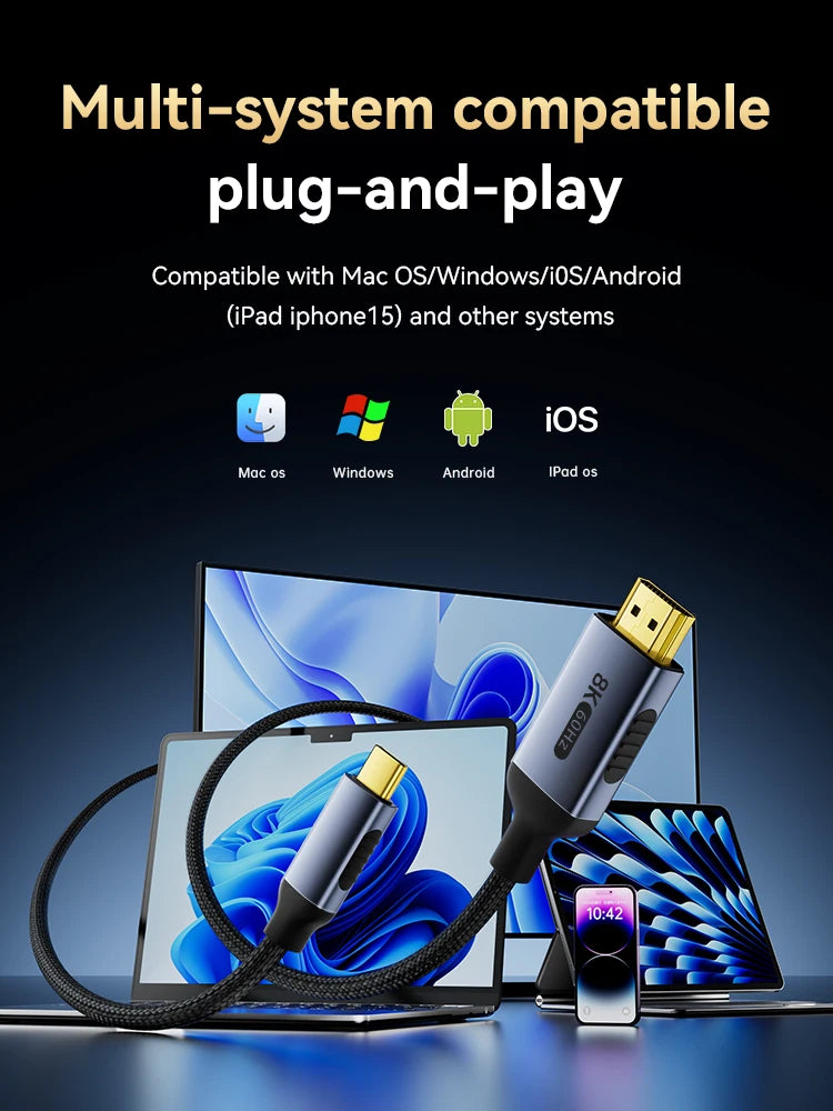 8K USB C To HDMI 2.1 Cable 8k@60hz 4K@120hz Type C HDMI Cables HDMI-Compatible  Converter Adapter For Thunderbolt 3/4 Laptop TV