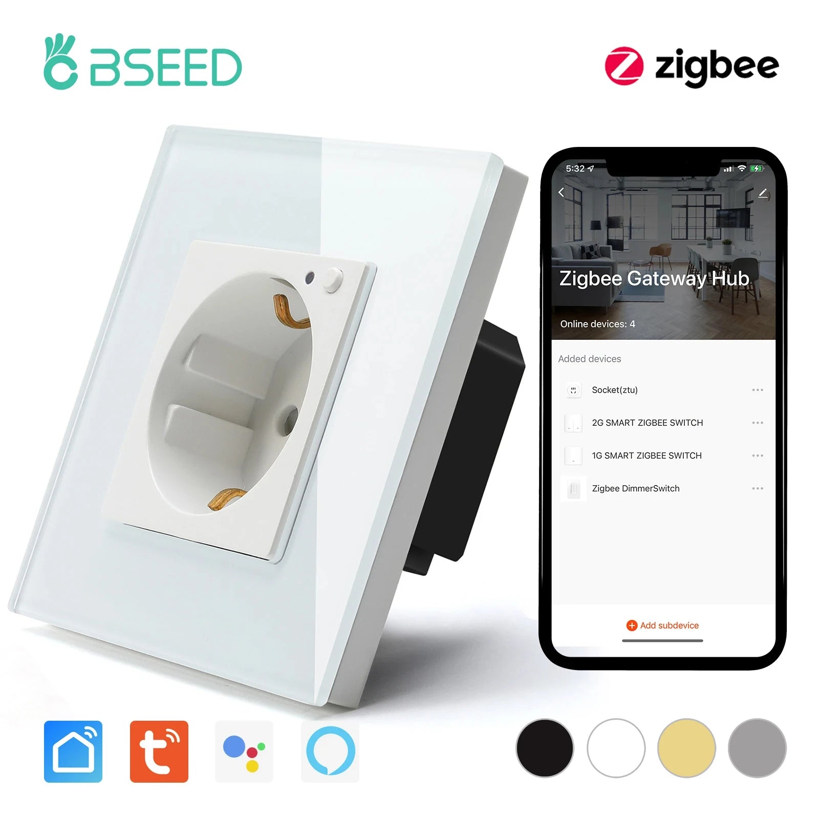 BSEED ZigBee Wall Sockets Power Smart Sockets Google Smart Life App Control Alexa Wireless Socket EU Standard
