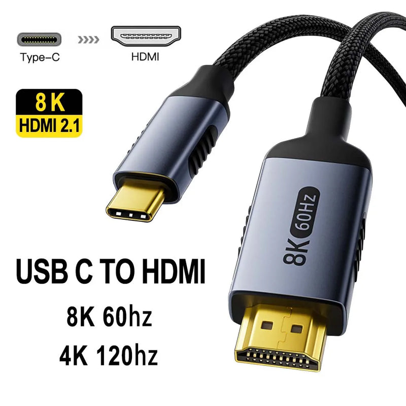 8K USB C To HDMI 2.1 Cable 8k@60hz 4K@120hz Type C HDMI Cables HDMI-Compatible  Converter Adapter For Thunderbolt 3/4 Laptop TV