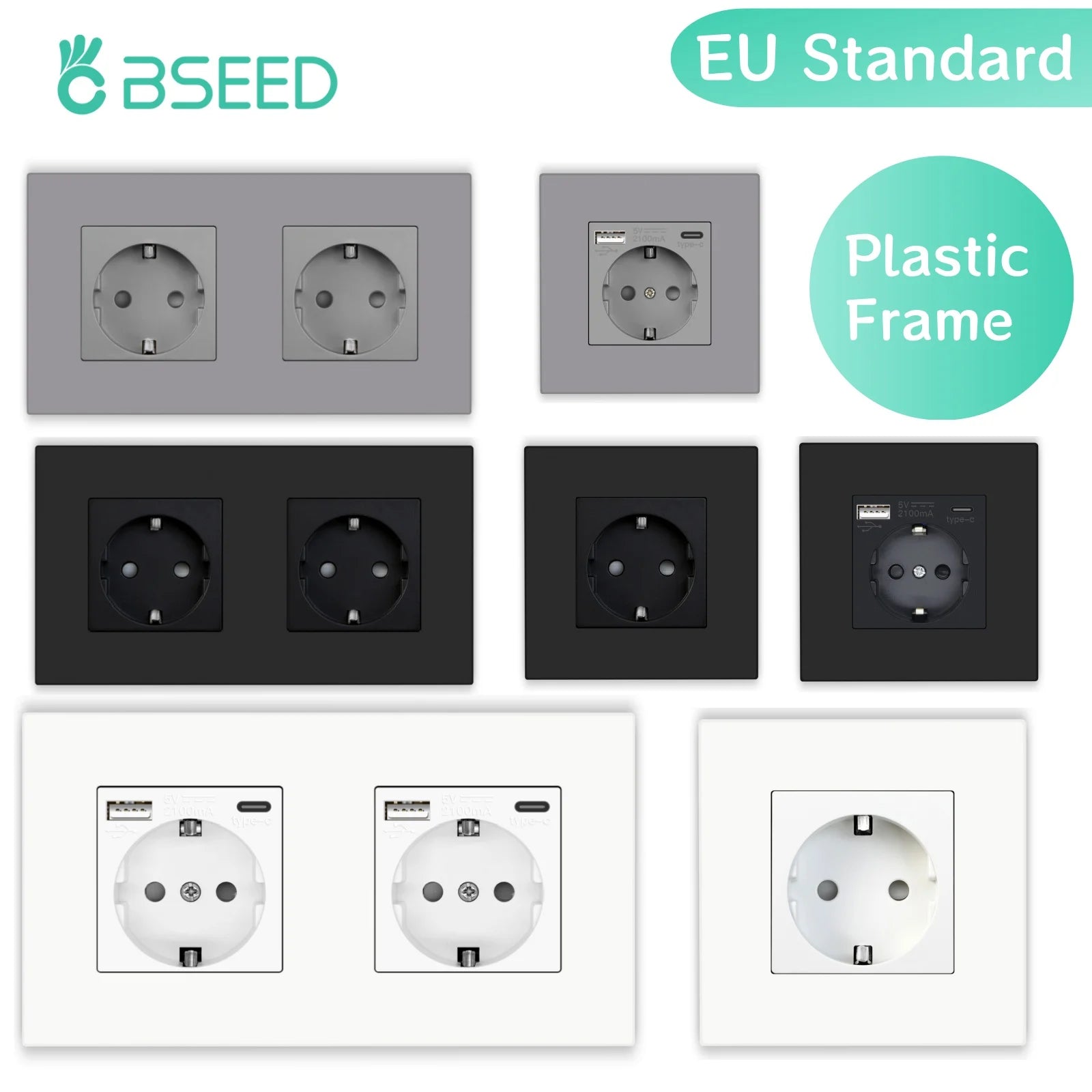 BSEED EU Sockets Plastic Frame Type-C Phone Charge Wall Sockets Double Power Plug Port 5V 2.1A Wall Mounted Sockets