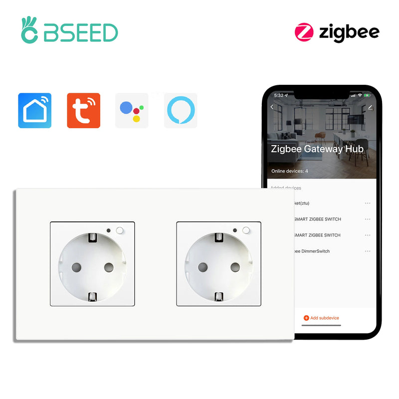 BSEED Single ZigBee Wall Sockets Energy Monitor Double Smart Meter Sockets Google Smart Life App Alexa Triple Sockets EU Plastic