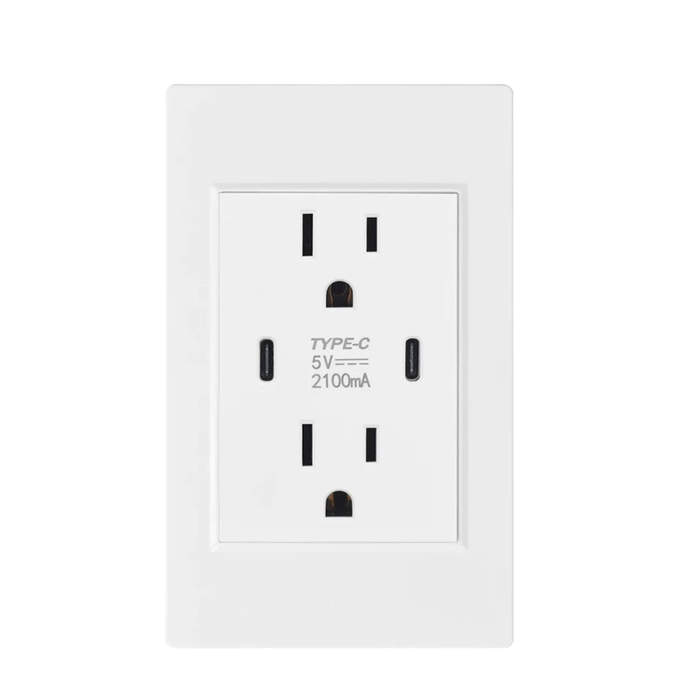 US Standard Wall Socket with USB Type-C Charging Port 5V 2.1A, 118*72mm PC Panel