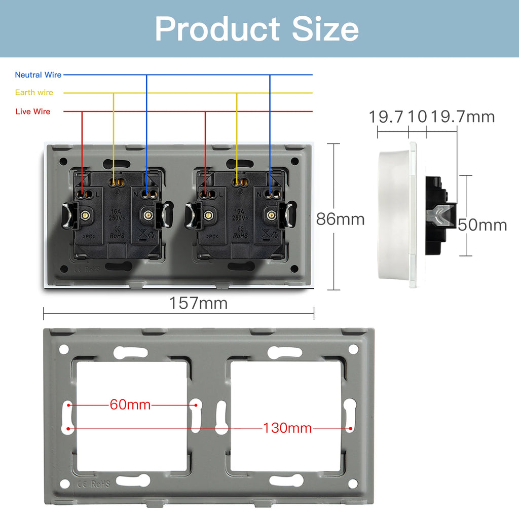 BSEED EU Double Socket Dual Germany Wall Sockets Home Appliance Power Outlets Crystal Glass Frames Child Safety Protection 16A