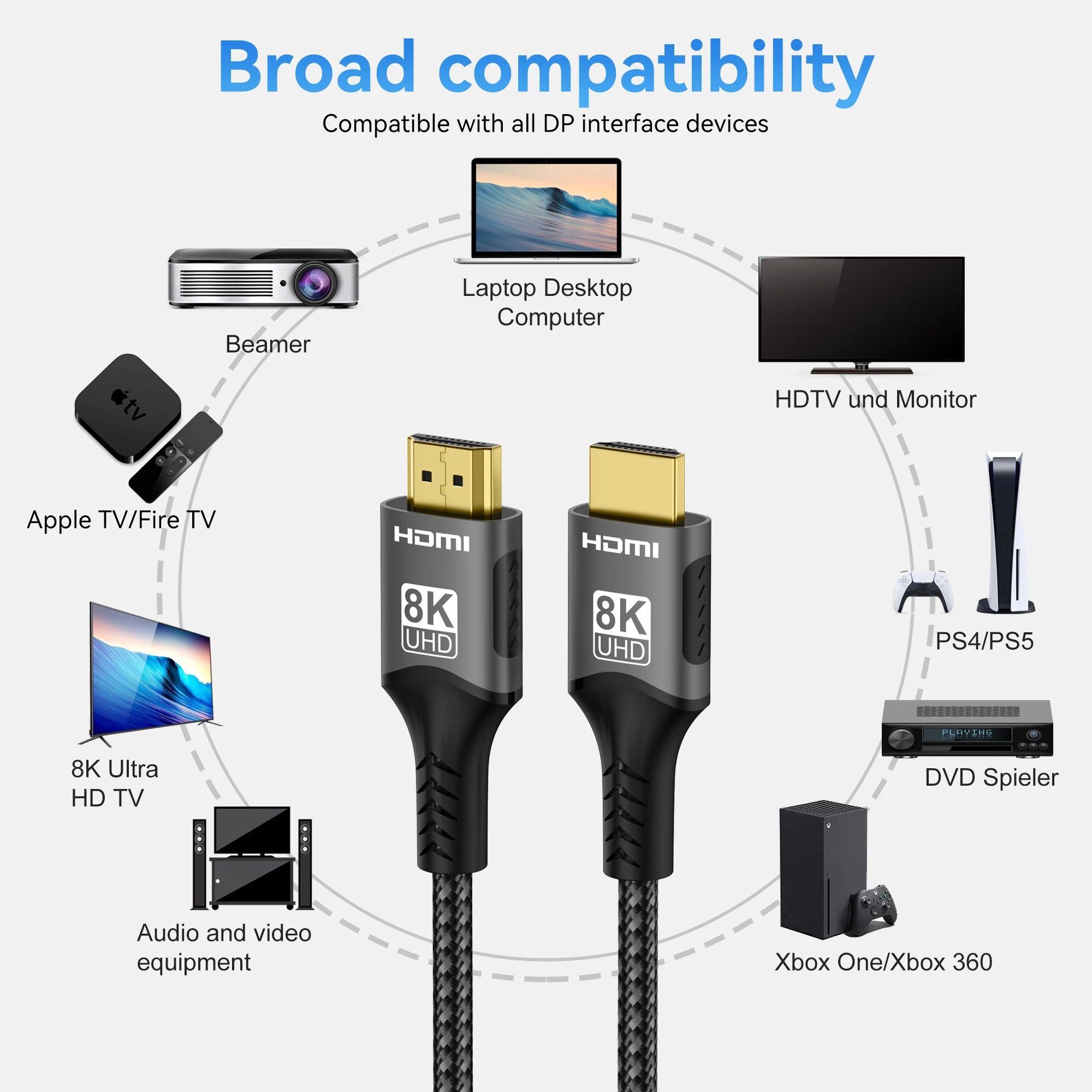 8K HDMI Cable High Speed Hdmi Cables Braided Nylon & Gold Connectors HDMI2.1 4K @ 120Hz 8K@60Hz for Laptop PS5 Xbox HDTV